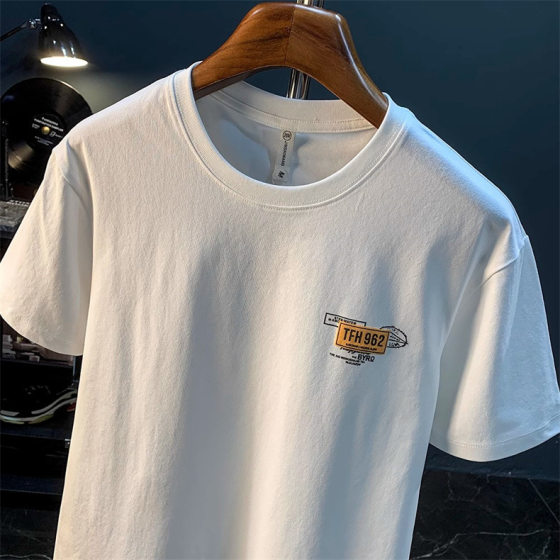 White T-shirt Men's Summer New Hong Kong-style Trendy Printed T-shirt American Style Retro Pure Cotton Comfortable Short-sleeved T-shirt