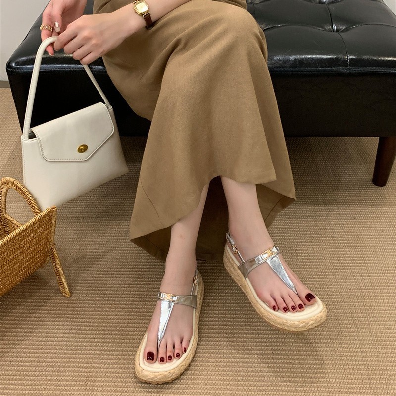 Women Wedge Straw Woven Thong Sandals Retro Open Toe Summer Shoes_voghion.com