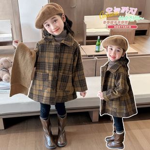 Girls' Winter Coat 2024 New Early Winter Trendy Street Style Children's Mid-Length Plaid Wool Coat Winter Fashion