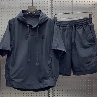 Summer Lightweight Breathable Sun Protection Hooded Short-Sleeved Shorts Two-Piece Set for Men Trendy Simple Solid Color Loose Casual Suit