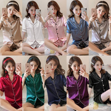 冰丝睡衣女夏季开衫短袖短裤仿真丝宽松大码跨境家居服套装M-5XL