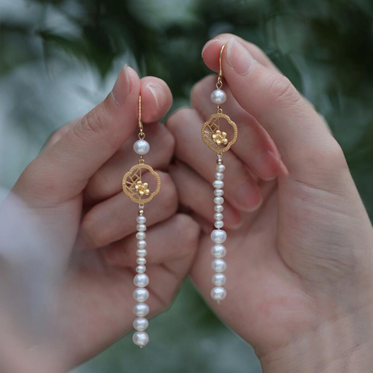 Retro curtain, long earrings drop-shaped from pearl with tassels, Chinese style, light luxury style