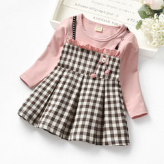 Factory Autumn Rivet Grid Long-Sleeve Children's Girl Dress Children's Two-Piece Lace Princess Dress