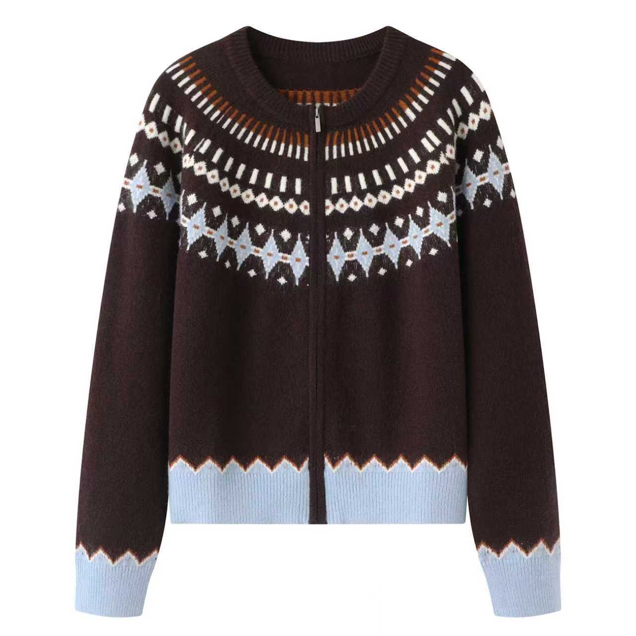 2025冬新款费尔岛撞色几何提花毛衣外套针织衫开衫女 Y0091015009