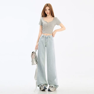 浅蓝色牛仔裤女2025年春夏新款低腰显瘦百搭窄版小个子直筒阔腿裤