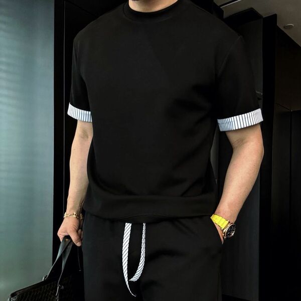 Men's Summer Casual Fashion Simple Short-Sleeved Shorts Suit New Trendy Contrasting Color Striped Short-Sleeved Versatile Suit Cotton