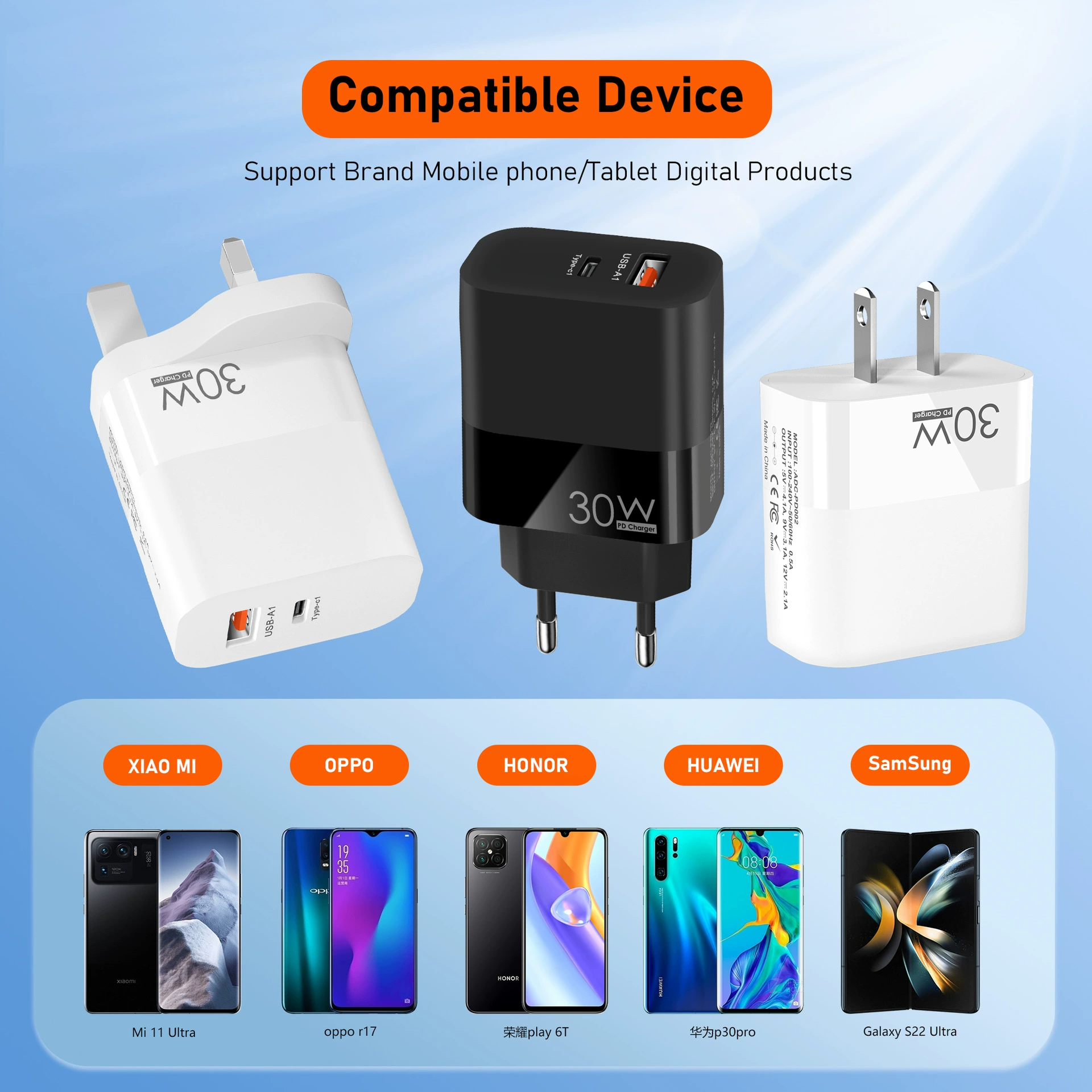 Популярное кросс-граничное PD+USB зарядное устройство для мобильного телефона в Европе, Америке и Великобритании с полным протоколом быстрой зарядки, дешевое и долговечное