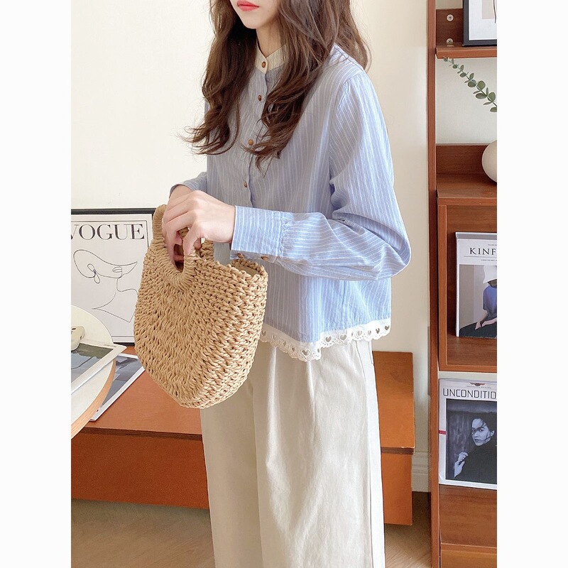 Blue Striped Shirt for Women, 2026 New Style, Beautiful Blouse, French Style, Petite, Lace Splicing, Cotton, Long Sleeves