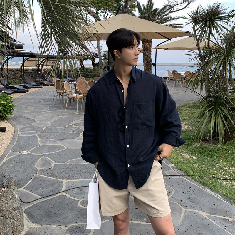 Asclo color sólido manga larga camisa de lino juventud estilo coreano alto sentido superior suelta verano delgada chaqueta