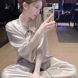 南韩丝睡衣女春夏2025年新款法式高级感长袖休闲长裤家居套装可外