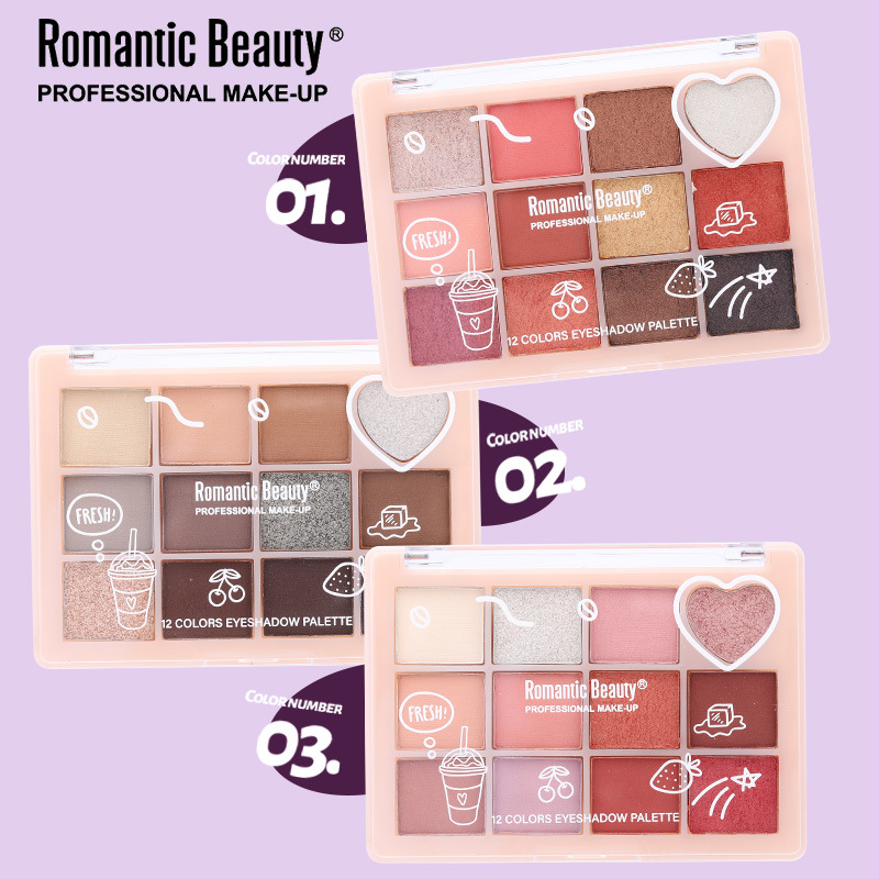 Transfronterizo de doce colores de la sombra de ojos de amor perla de maquillaje de ojos de color brillante brillo marrón duradero maquillaje de belleza