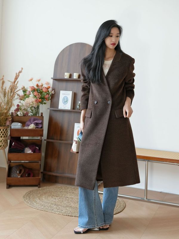 【限定特価】おしゃれ通勤アルパカノーカラースーツコート 着痩せダブルブレストウールコート レディース|undefined