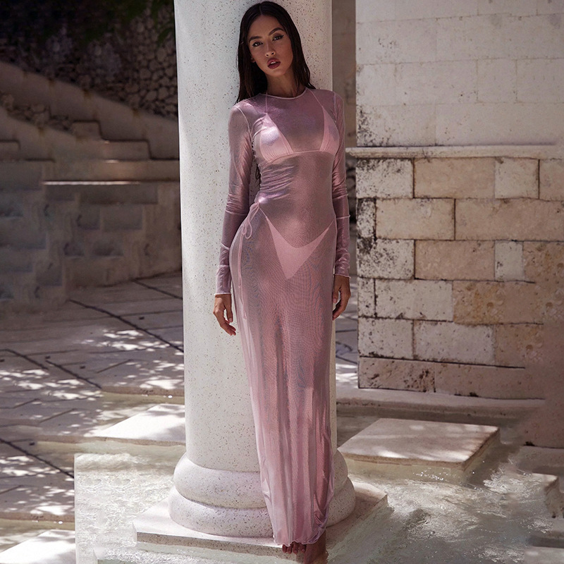 Europe and the United States cross-border foreign trade new wholesale women's dress round neck long sleeve perspective long skirt raincoat mesh stitching