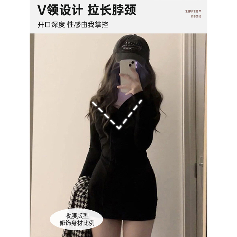配大衣内搭黑色针织连衣裙子女春秋冬加绒打底修身紧身显瘦包臀裙