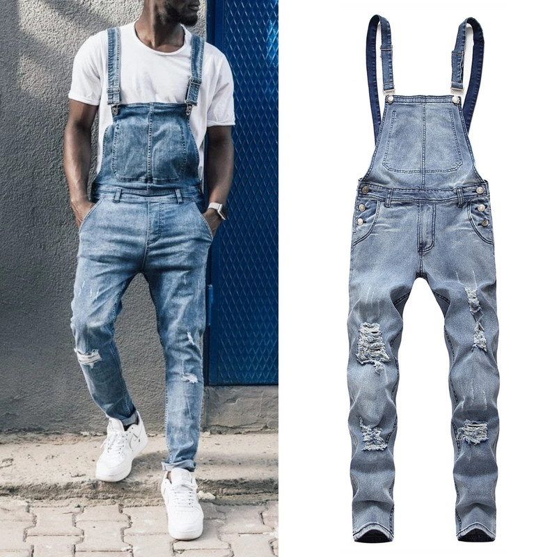 Amazon foreign trade new men's jeans men's Denim suspender ripped suspender pants slim ripped trendy Amazon foreign trade new men's jeans men's Denim suspender ripped suspender pants slim ripped trendy
