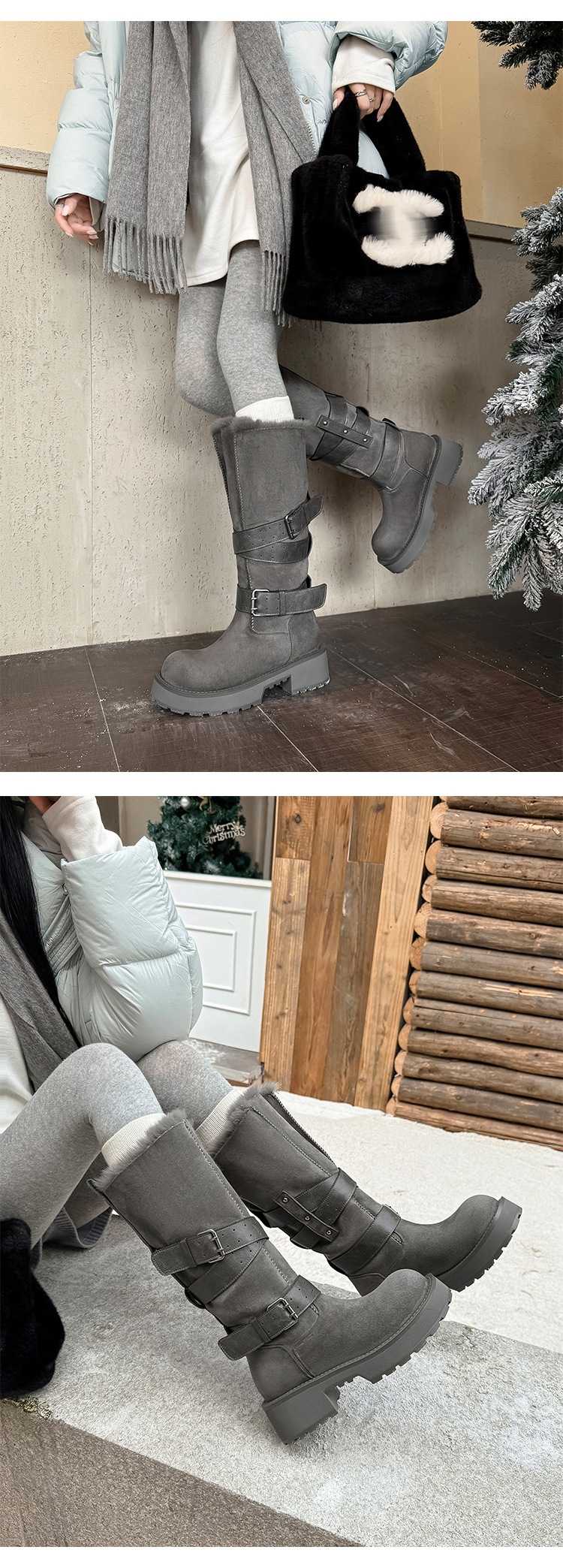 Boot tuyết nữ cổ cao lót lông cừu ấm áp đế dày khóa thắt lưng — màu kê chi tiết 21