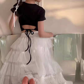 韩国童装女童芭蕾风绑带露背T恤2024夏季新款半身纱裙长裙潮