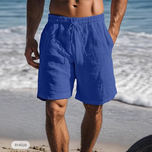 2025 Cross-border New Cotton Linen Drawstring Relaxed Waist Solid Color Breathable Daily Beach Five-Finger Casual Middle Pants