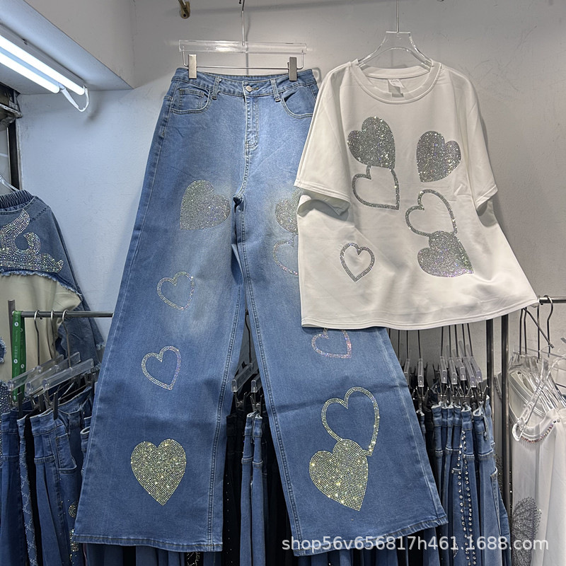 Cross-Border Hot-Selling White Short-Sleeve T-Shirt with Rhinestone Heart Design + Fashionable High-Waisted Denim Long Pants