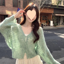 温柔慵懒绿色针织镂空针织衫开衫上衣春夏小个子气质春秋毛衣外套