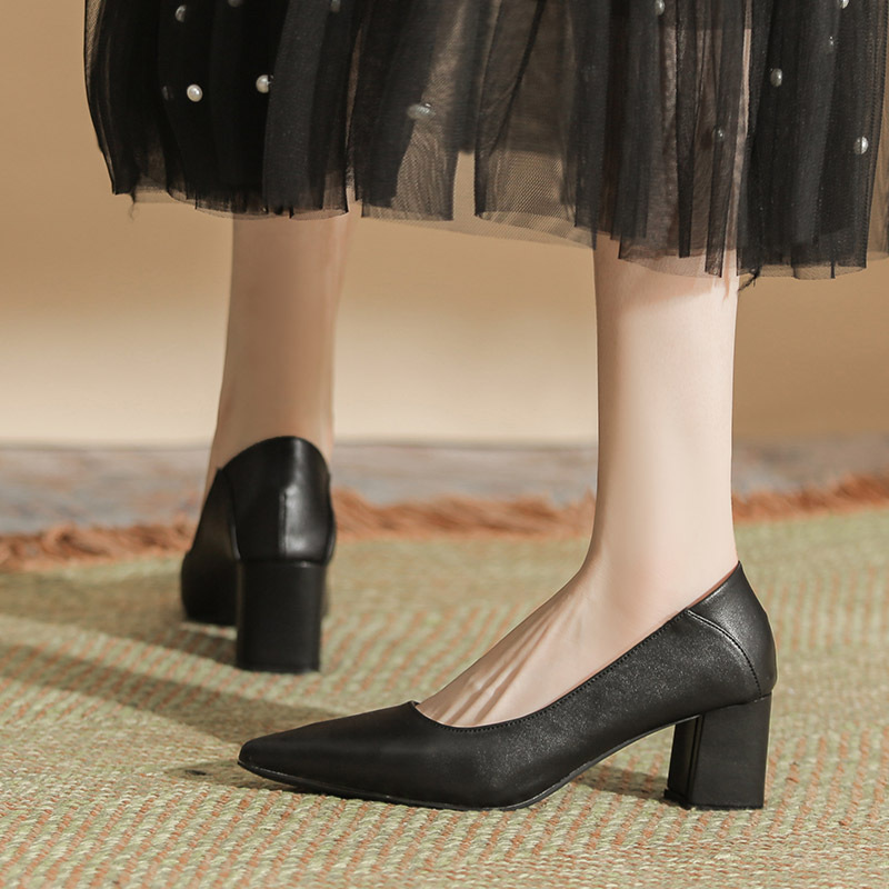 XD207 Pointed Thick Heel High Heels plus size Fat Widened Work Shoes Commuter All-match Office Workman Black Shallow Mouth