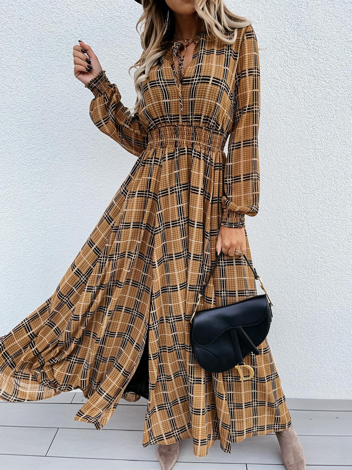 Robe fendue à la taille, imprimé écossais, manches longues, pour femmes_voghion.com