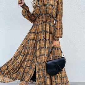 亚马逊 速卖通秋冬新款 欧美风格纹印花长袖收腰开叉连衣裙