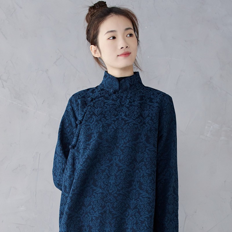 Artistic Autumn Cheongsam dress Brand Spring Long Sleeve Cotton Linen Jacquard Women's Loose plus size Chinese Vintage navy blue