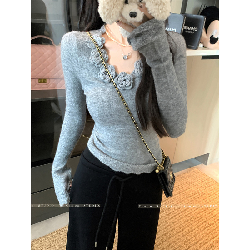 甜辣妹立体花朵长袖针织衫女2025春季新款设计感修身显瘦小众上衣|undefined