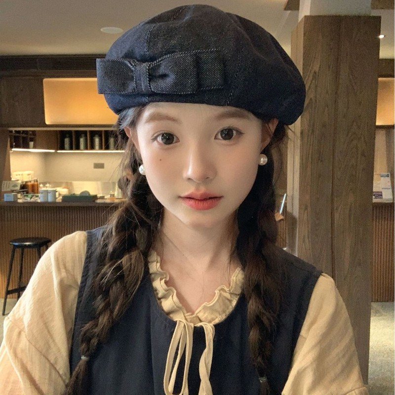 早秋甜美百搭蝴蝶结贝雷帽女复古文艺牛仔简约八角帽报童画家帽子|undefined