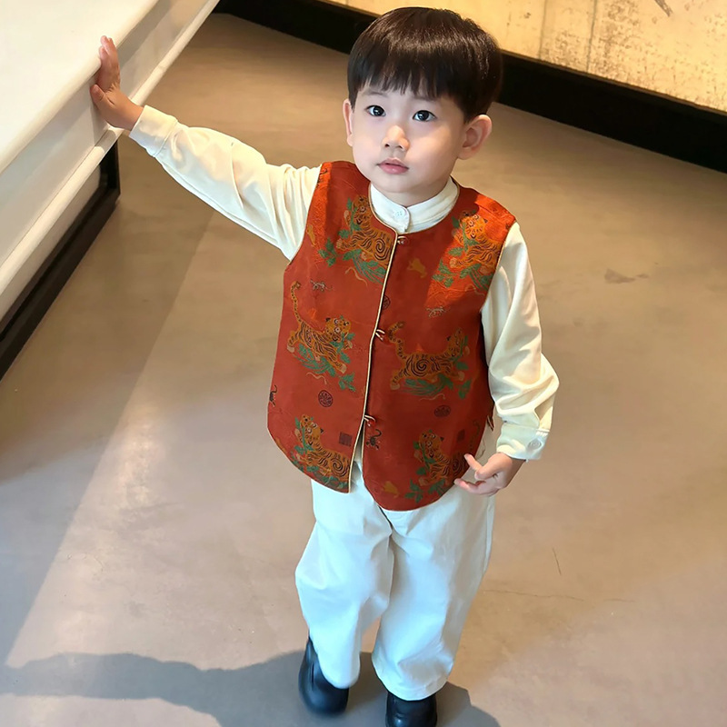 男童新中式古风马甲套装2025春秋中小童长袖衬衫休闲裤子三件套潮|undefined
