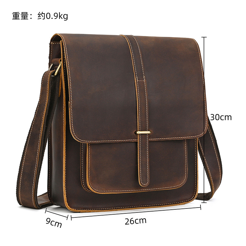 メンズ本革ショルダーバッグ、クレイジーホースレザークロスボディバッグ、トップグレイン牛革フリップカバーショルダーバッグ、iPadバッグ、越境専用