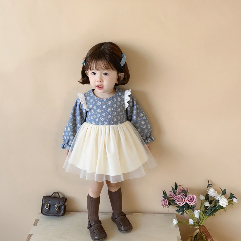Mini Girls Autumn and Winter New Dress Baby Princess Fashion Sweet Splicing Children's Mesh Skirt Fashion Wholesale