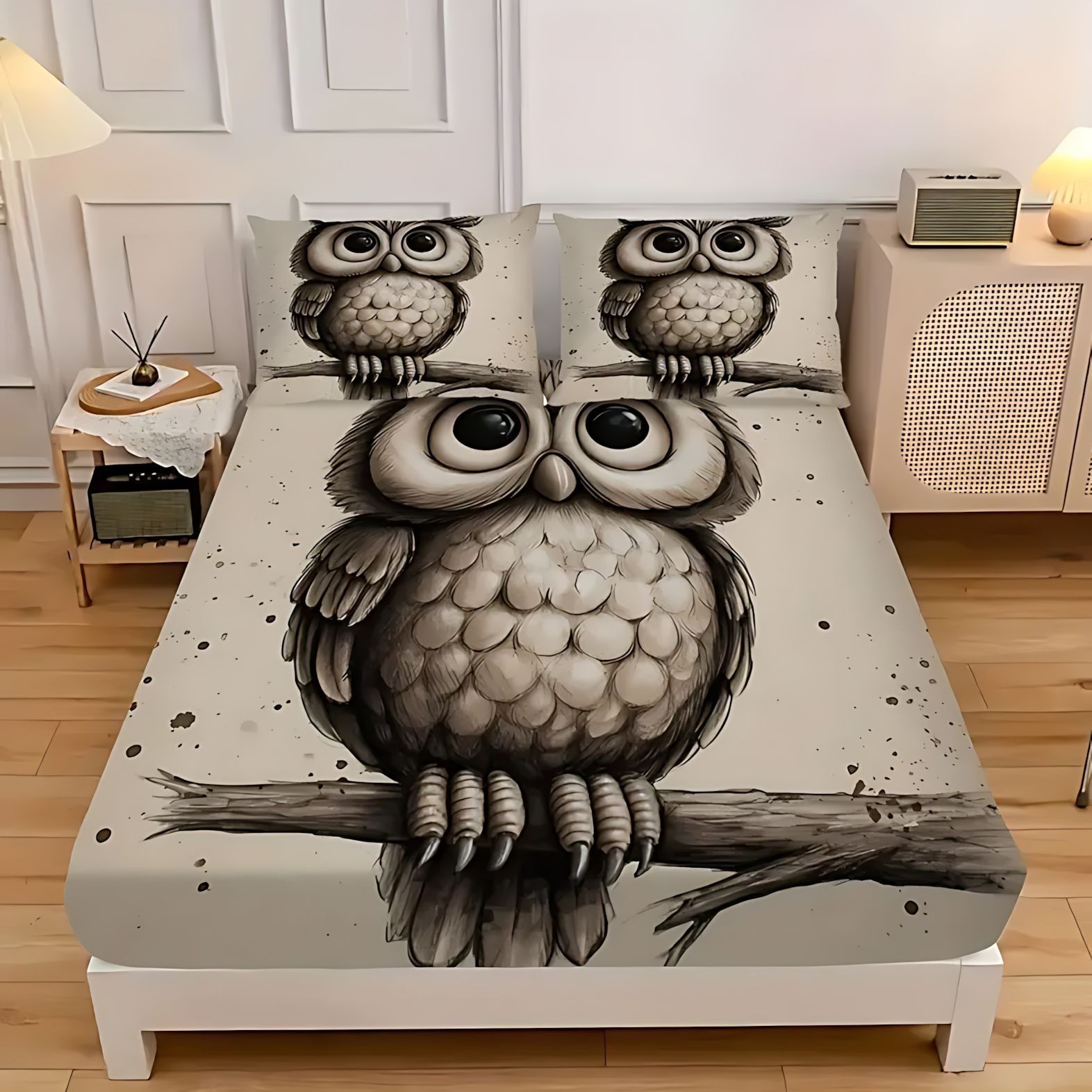 TEMU / JIT textil casero transfronterizo lindo tema búho molido 3D impresión digital cama Kasa Kit fuente fabricante