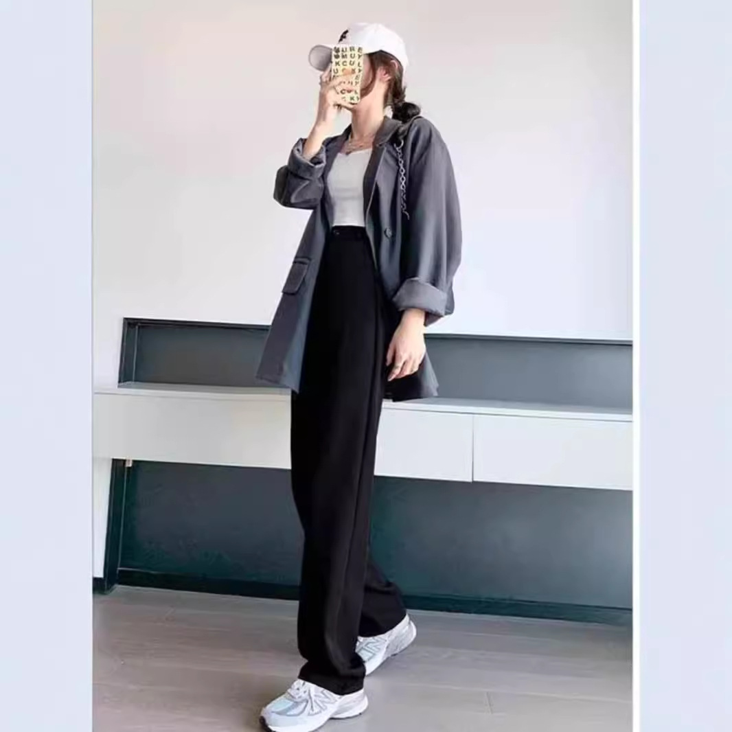 Black Women's Suit Pants 2026 Spring Design with a Draping Effect, Loose Wide-Leg Pants, High-Waisted Casual Straight-Leg Floor-Length Trousers