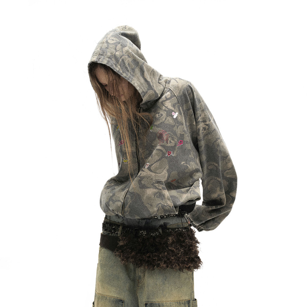 Giacca con cappuccio patchwork mimetica vintage da uomo e da donna, stile punk, vestibilità ampia, effetto consumato, per abbigliamento casual da strada, taglie dalla M alla 2XL_voghion.com