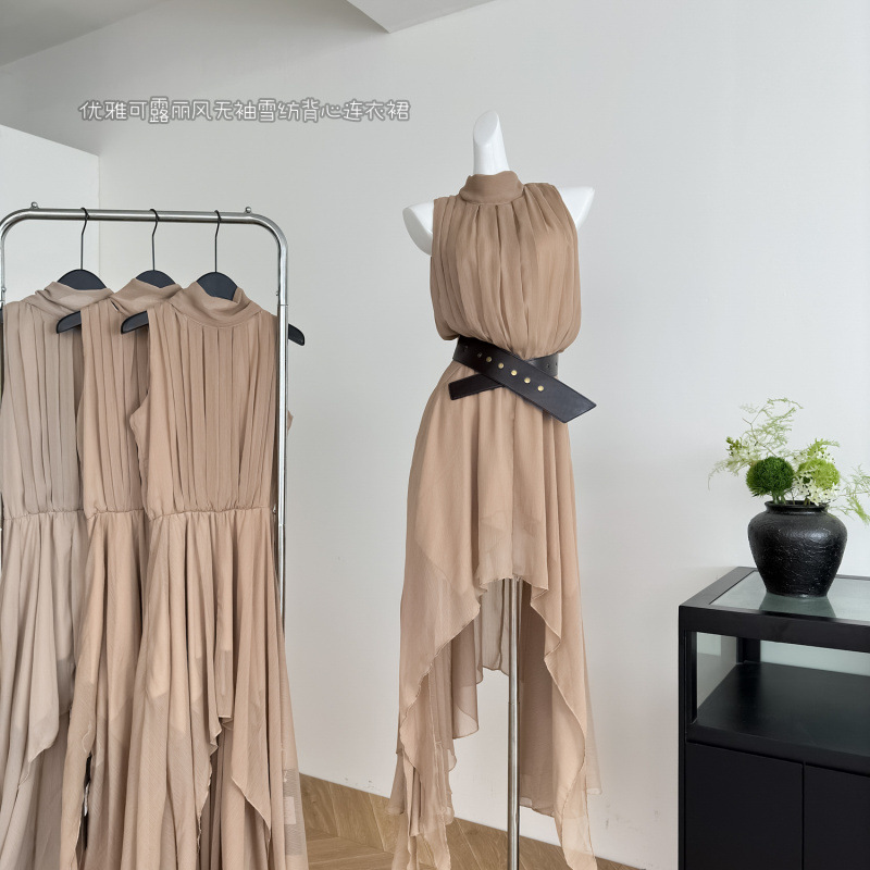 Elegant Design, Sleeveless Chiffon Vest Dress, Irregular Flowing Skirt, Long Skirt