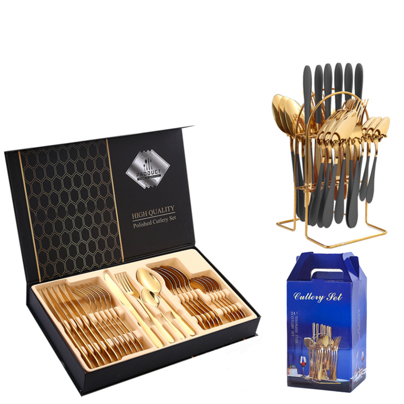 Amazon Tik Tok vajilla de acero inoxidable 24 unidades traje 1012 cuatro piezas principales occidental cuchillo, tenedor y cuchara rack caja regalo