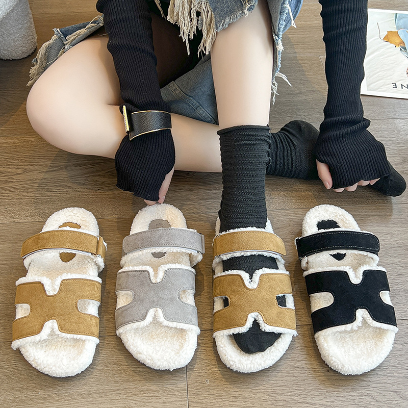 Autumn retro women's slippers with a strap with velcro English style…