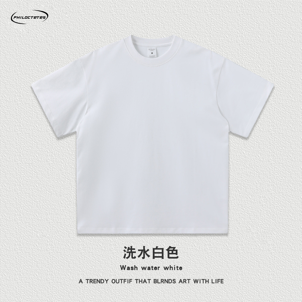 Comercio exterior pesado 260g flor frita apenado color sólido de manga corta Camiseta hombres y mujeres sueltos lavados camiseta de marca de moda estadounidense transfronteriza