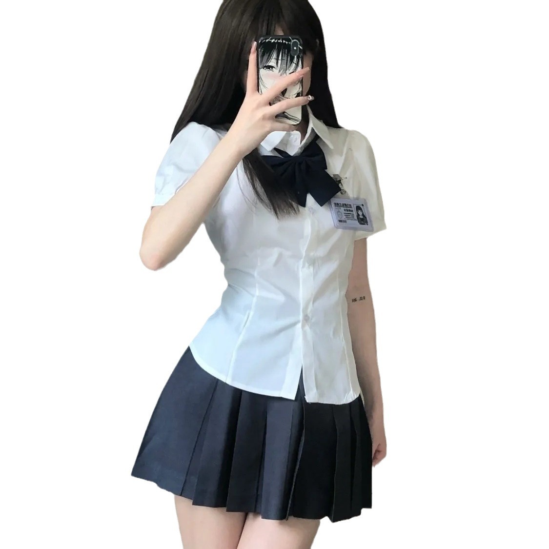 2024 새로운 봄과 여름 순수한 바람 뜨거운 소녀 짧은 소매 허리 조커 학업 스타일 슬림 JK 스트랩 셔츠 타이 세트