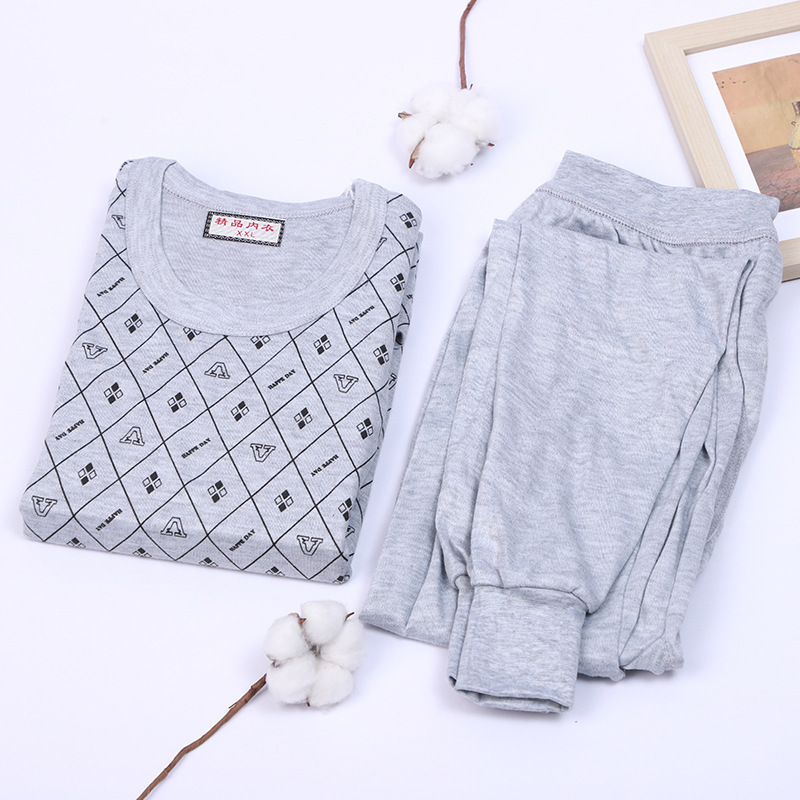 Men's Set of Printed Base Layer Tops with Brushed Polyester-Cotton Fabric, Long-Sleeve, for Middle-Aged Men, Autumn and Winter Season