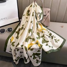 新款栀子花丽锦缎长巾披肩围巾女装饰百搭披肩防晒沙滩巾直播批发