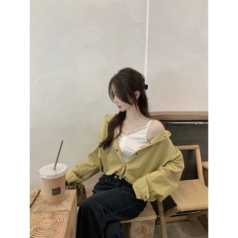 实拍 韩系落肩袖吊带蕾丝边背心设计感假两件长袖衬衣简约衬衫女|undefined