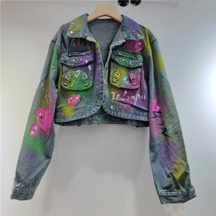 European and American style design 2025 new heavy industry frock pocket graffiti spray paint short Denim coat women