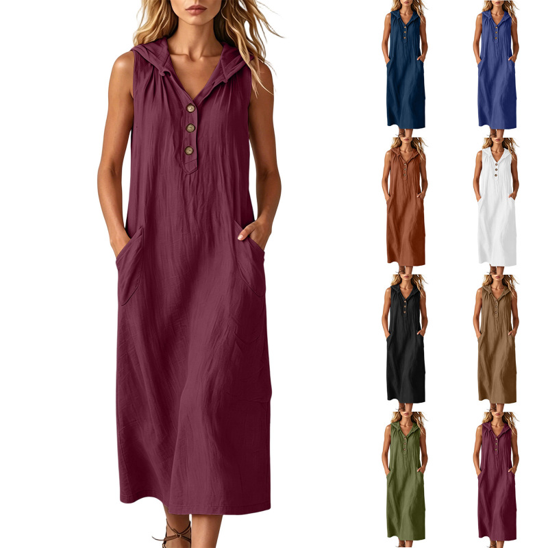 Amazon Cross-Border Loose Casual Women's Sleeveless Buttoned Hooded Dress