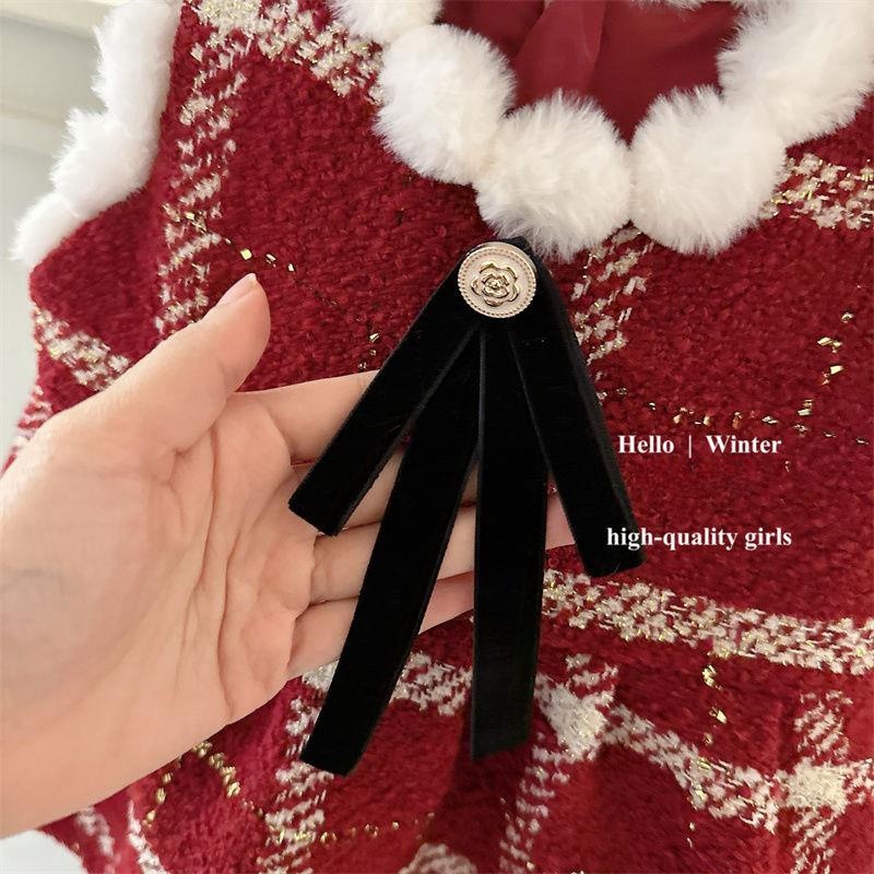 Niñas ropa infantil arco chaleco de alambre dorado vestido de aniversario de otoño invierno 2025 vestido vestido a cuadros rojos blusa