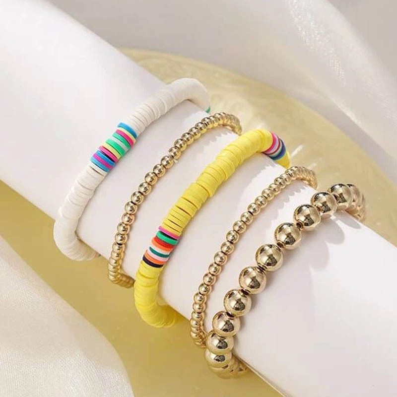 Vintage Bohemian Style Handmade Polymer Clay Bracelet Copper Bead Elastic String Metal Bracelet