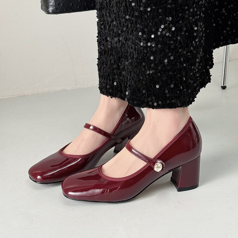 Elegant French Style Mary Jane Shoes Women's 2024 Spring New Square Toe Small Leather Shoes Women's Mid-heel Shallow Chunky Heel Commuter Single-layer Shoes