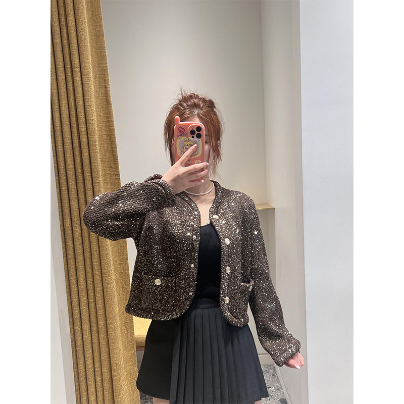英杰2024M家早秋新款法式气质单排扣小香亮片短款针织外套240213